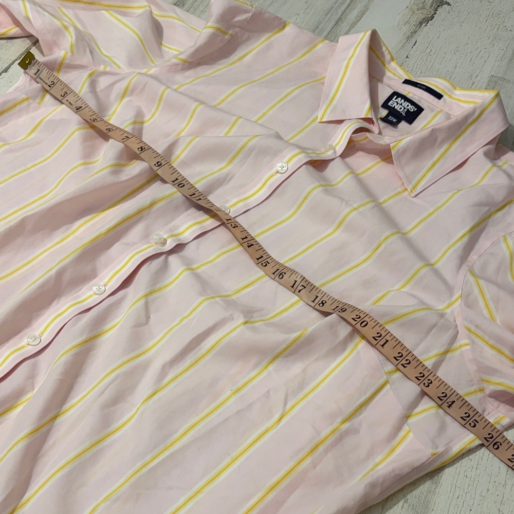 Lands' End Women's No Iron Supima Pink and Yellow Striped Button Down Shirt - Picture 6 of 7